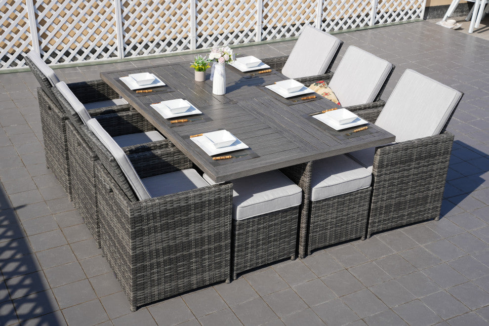 Outdoor Patio Wicker Dining Table Set with Chairs, 11-Piece Set, Gray