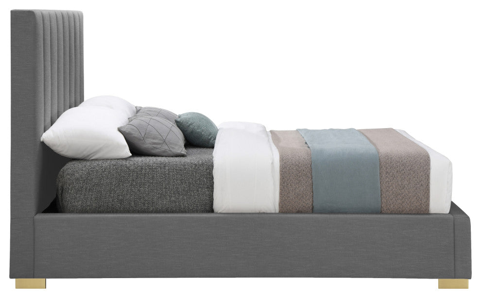 Pierce Linen Textured Fabric Upholstered Bed, Gray, Queen