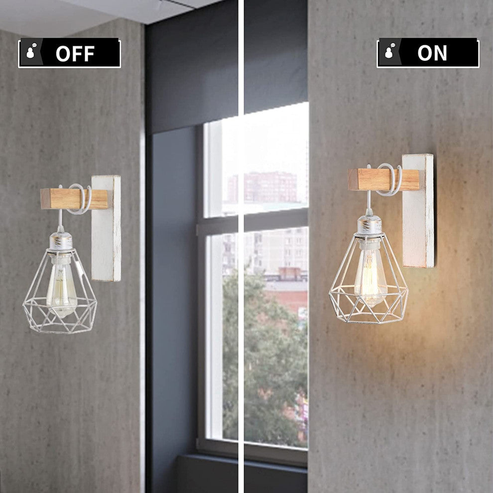 White cage Wall Lights Farmhouse wood Vintage Wall Mount Light Fixture