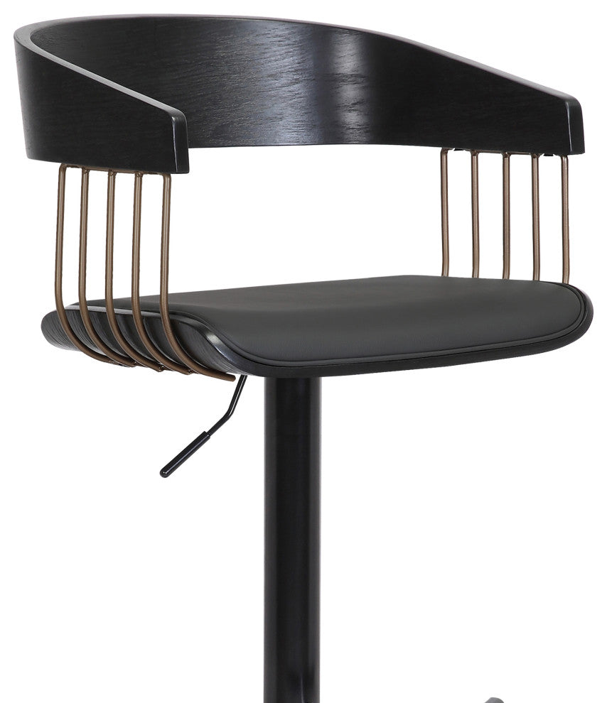 Larisa Adjustable Black Wood Bar Stool Black Faux Leather Bronze and Black Metal