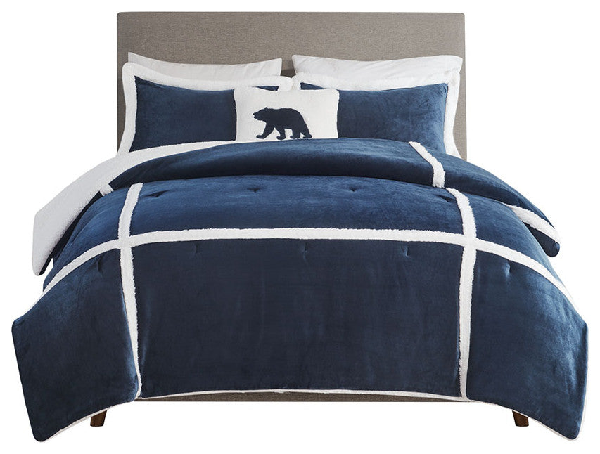 Woolrich Orlen Winter Cabin Plush to Sherpa Comforter Set, Navy Blue