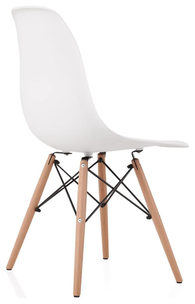 Molded Plastic Dining Side Chair with Beech Wood Eiffel Legs, White