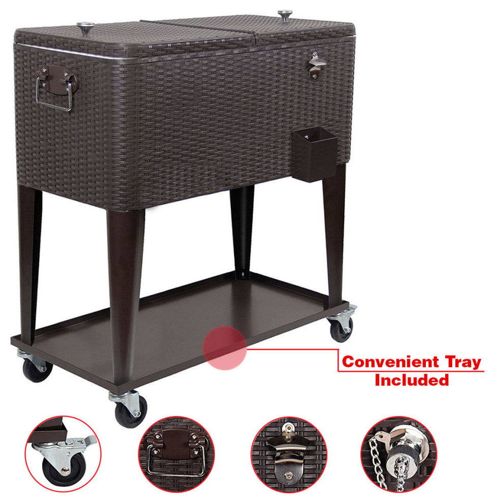 80 Quart Outdoor Rolling Cooler/Beverage Cart, Brown Wicker