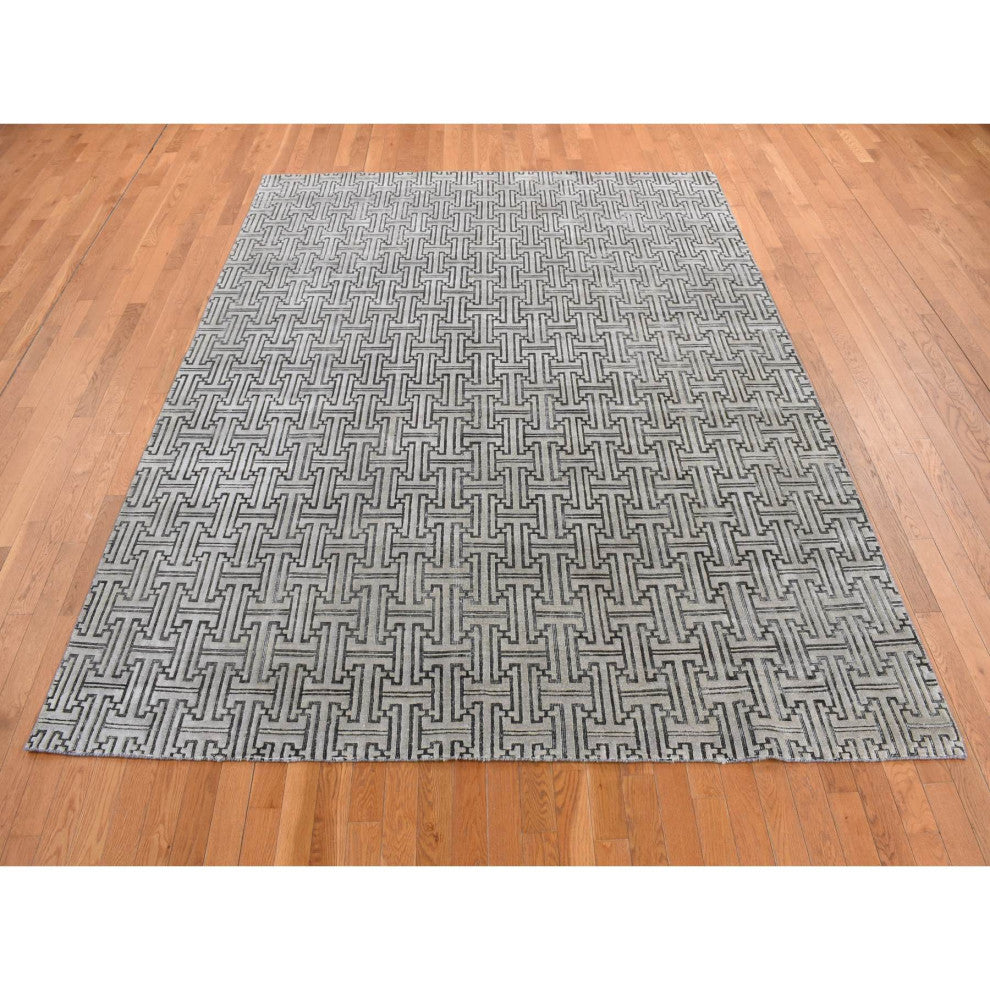 Gray Pure Silk With Wool Roman Key Design Hand Knotted Oriental Rug 7'10"x10'3"