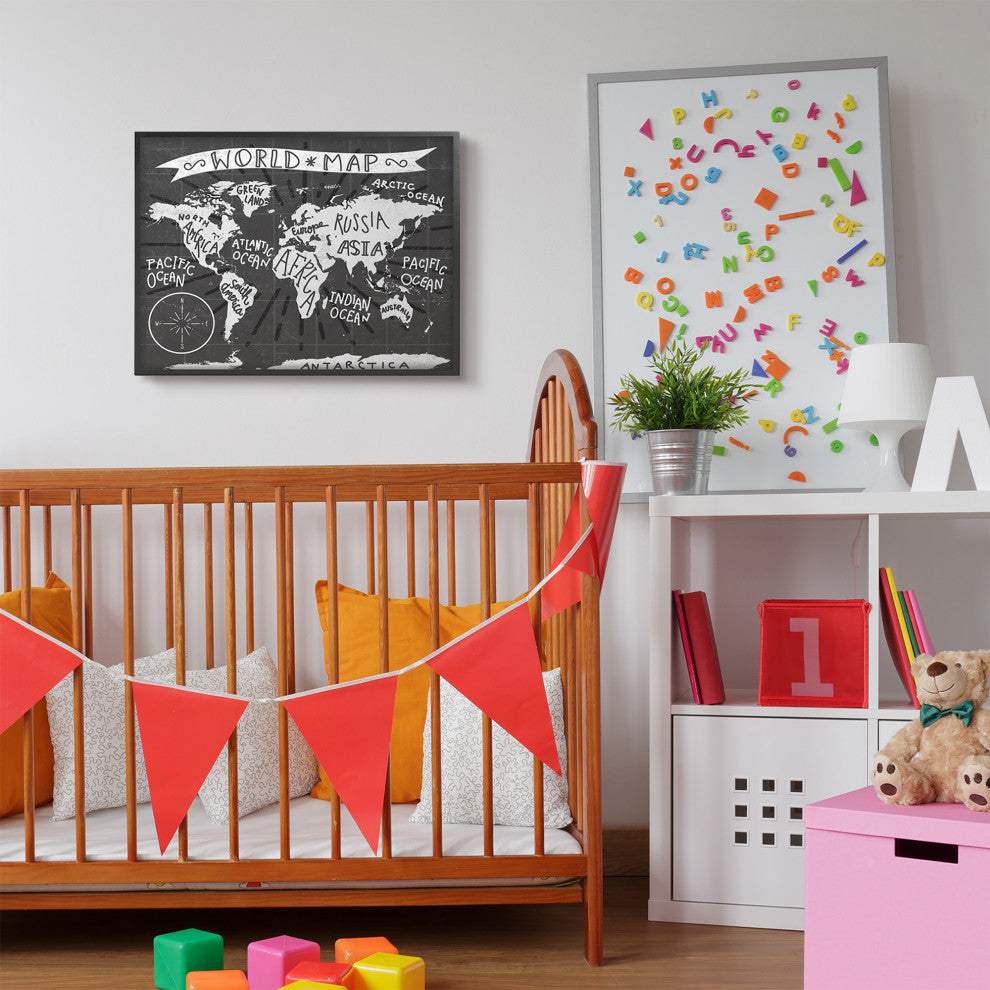 Kids World Map Black and White Nursery Design, 24"x30"