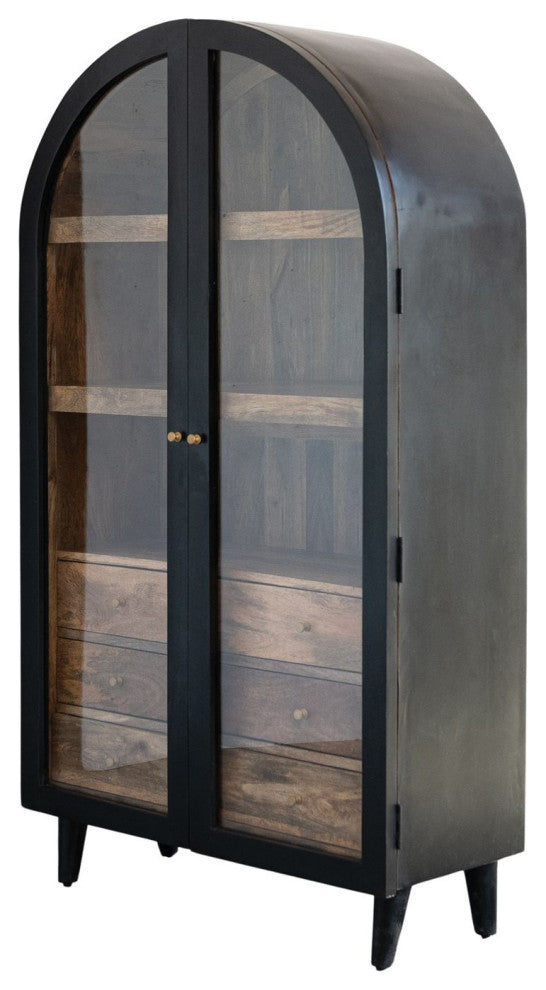 Arched Mango Wood Cabinet With 3 Shelves and 6 Drawers, Black and Natural