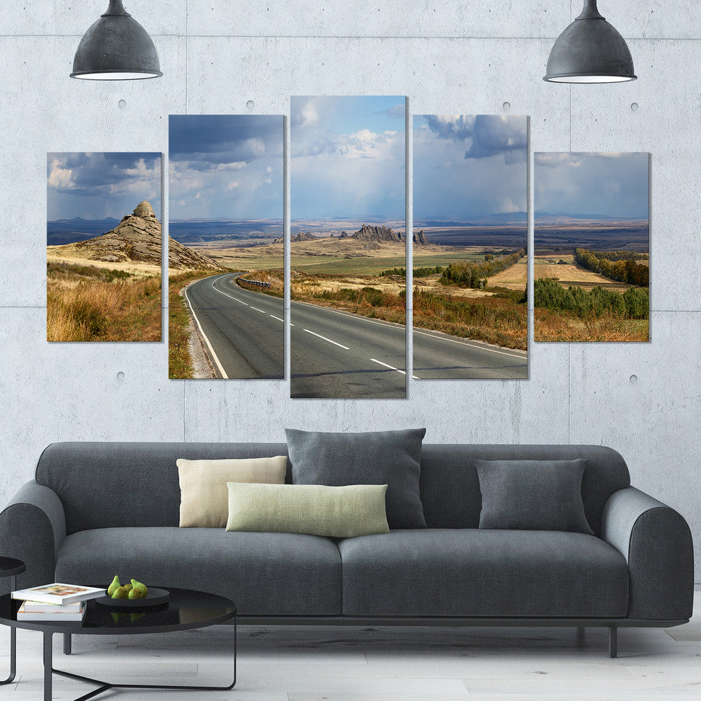 Road in East Kazakhstan Panorama, Landscape Canvas Art Print, 60"x32", 5 Panels