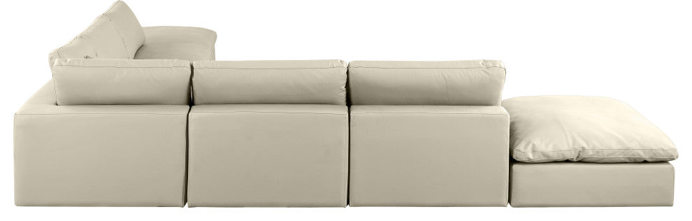 Comfy Upholstered L-Shaped Modular Sectional, Cream, 7-Piece: 4 Armless Chair, 1 Corner Chair, 2 Ottoman, Vegan Leather