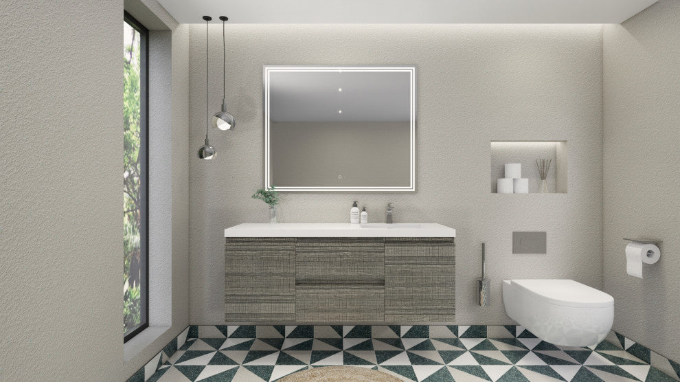 Belli 60" Right Single Sink Wall Mount Vanity, High Gloss Ash Gray, Glossy White Top