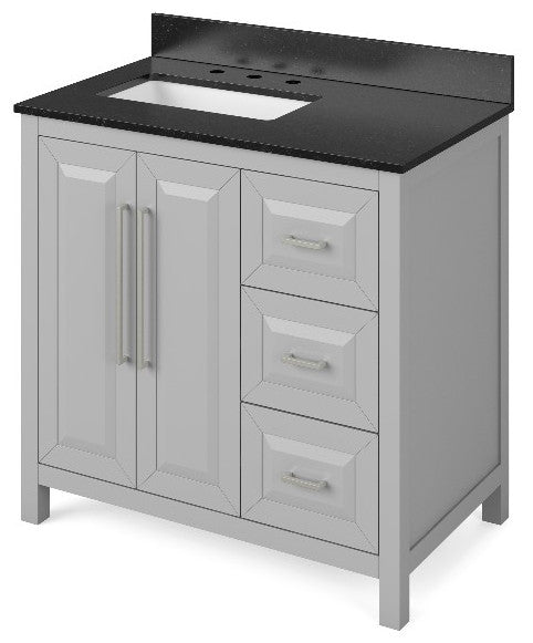 Cade Transitional 36" Grey Left Offset Sink Vanity, Black Granite Vanity Top