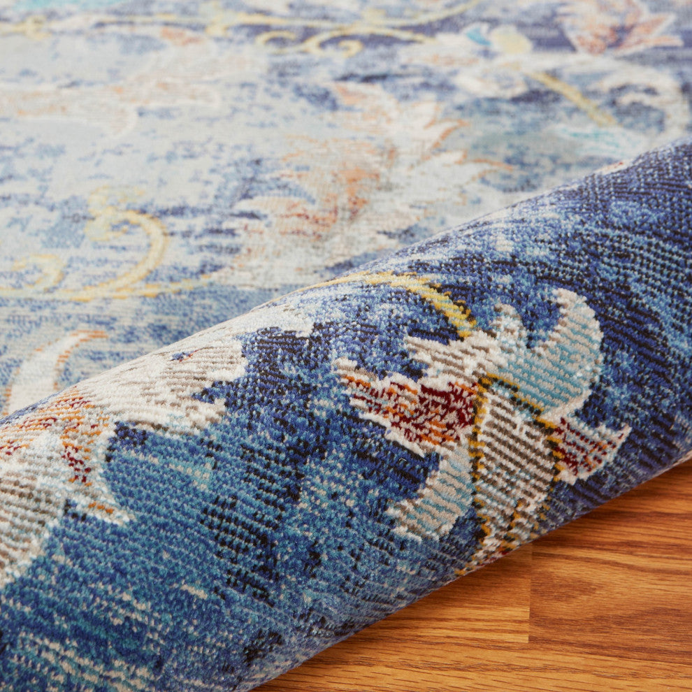 8" x 10" Blue and White Jacobean Pattern Area Rug