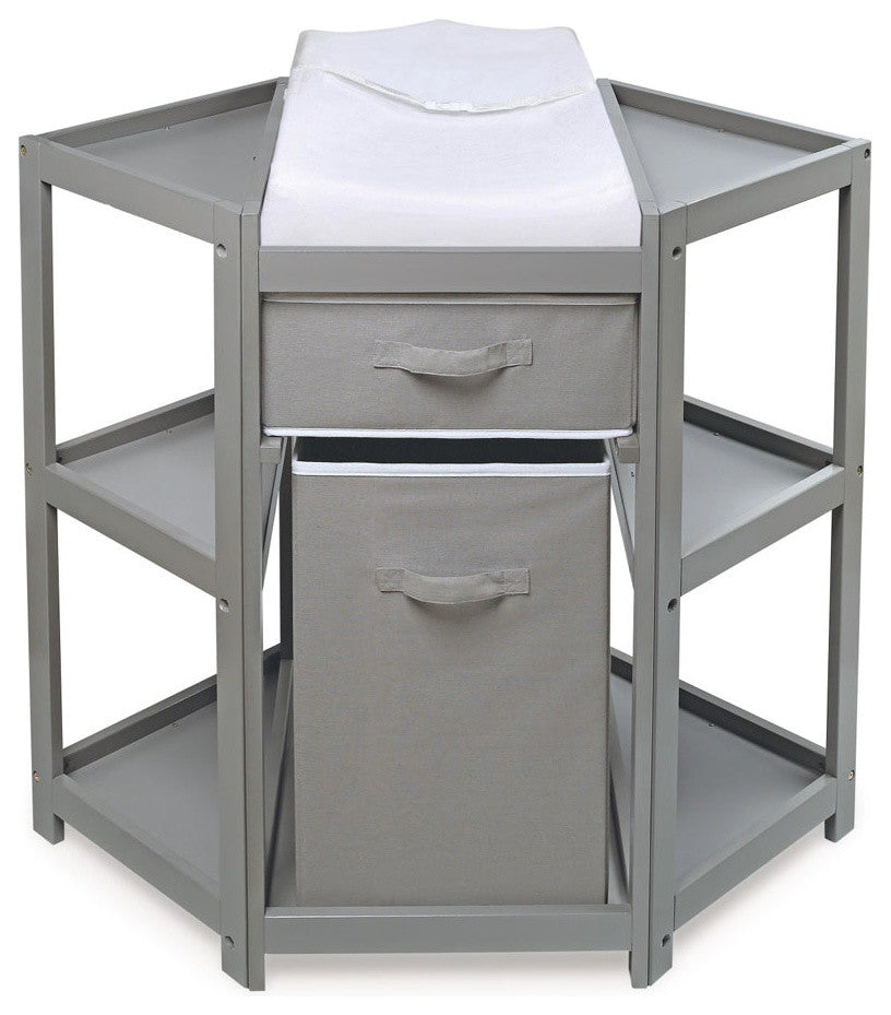 Diaper Corner Baby Changing Table With Hamper and Basket, Gray