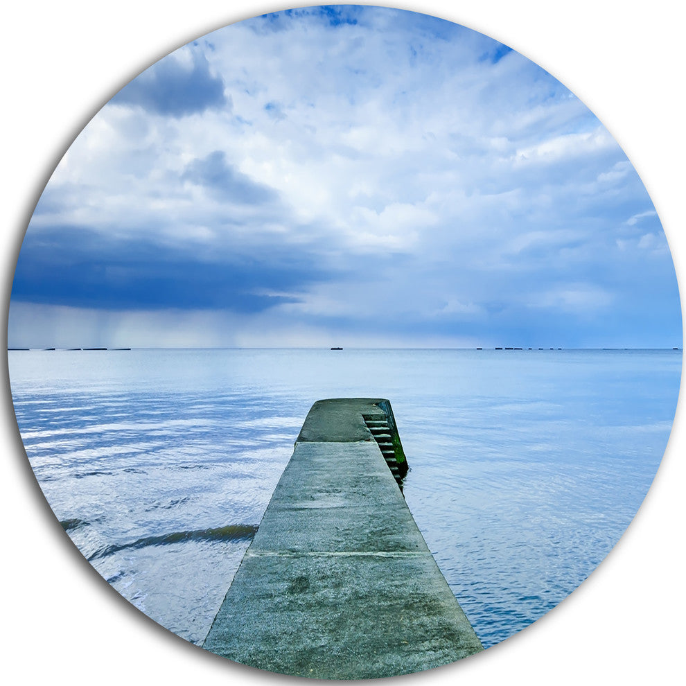 Concrete Pier Under Cloudy Sky, Seascape Photo Round Metal Artwork, 36"