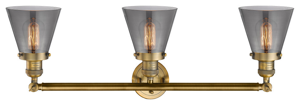 Small Cone 3-Light Bath Fixture, Smoked Glass, Brushed Brass
