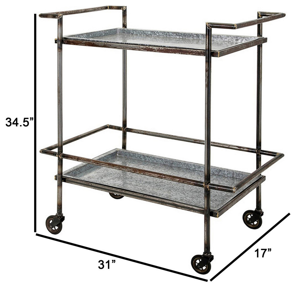Benzara BM285029 2 Tier Bar Cart, Industrial Style, Caster Wheels, Rustic Bronze