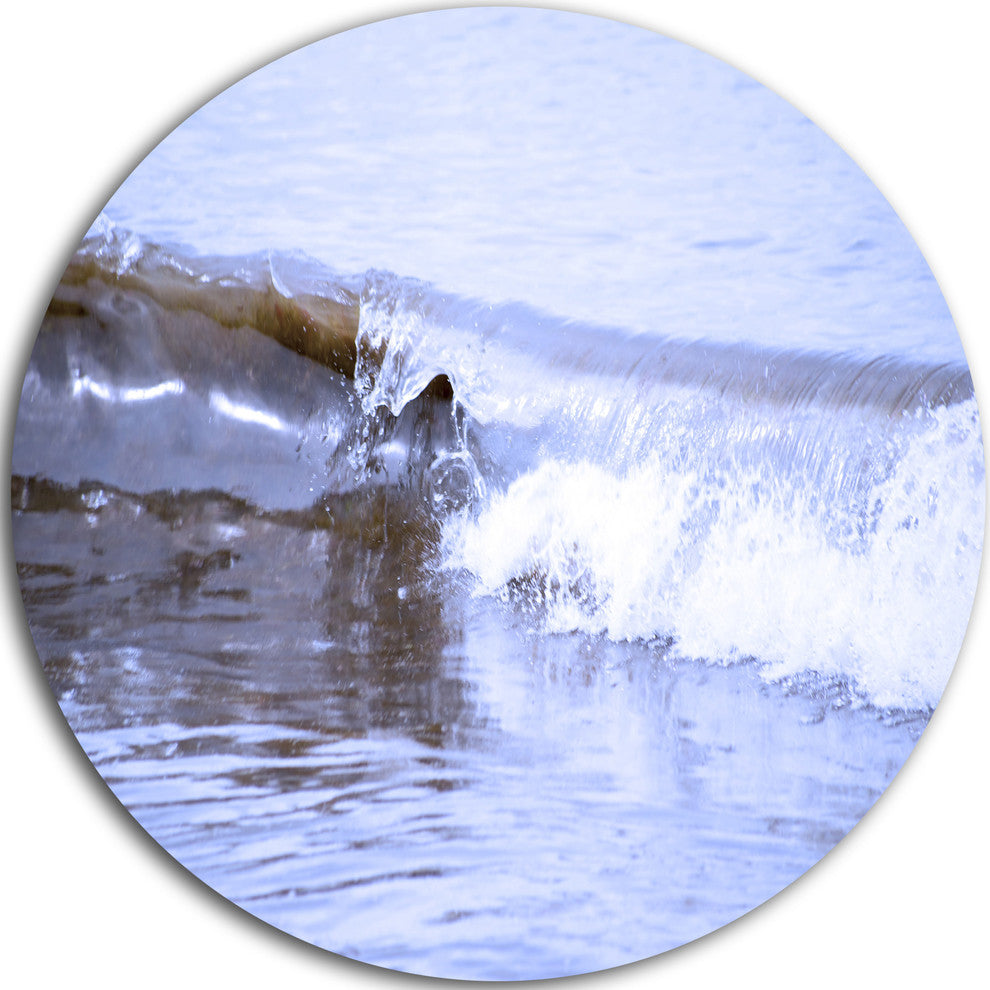 Crisp Blue Waves Splashing Beach, Seascape Round Metal Wall Art, 11"