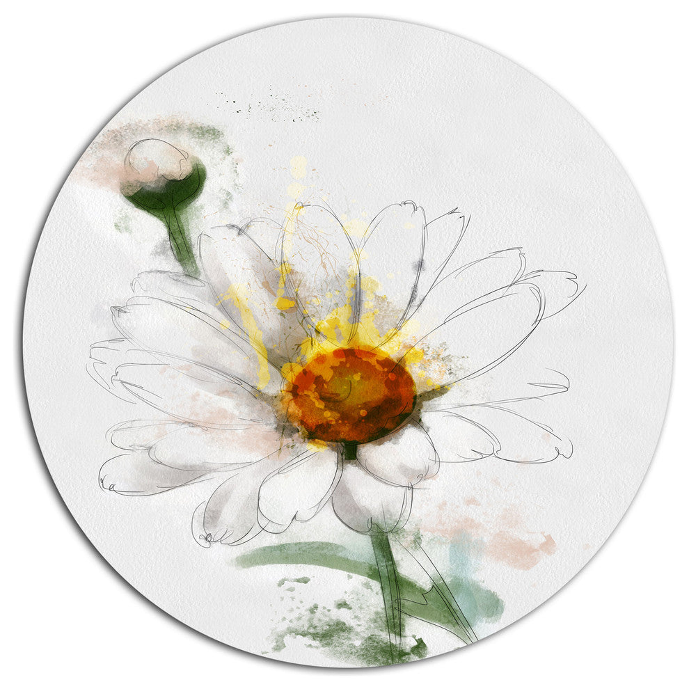 Hand-Drawn Watercolor Chamomile, Floral Large Disc Metal Wall Art, 36"