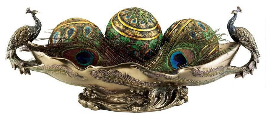 Faux Bronze Peacock Decorative Centerpiece Sculptural Bowl
