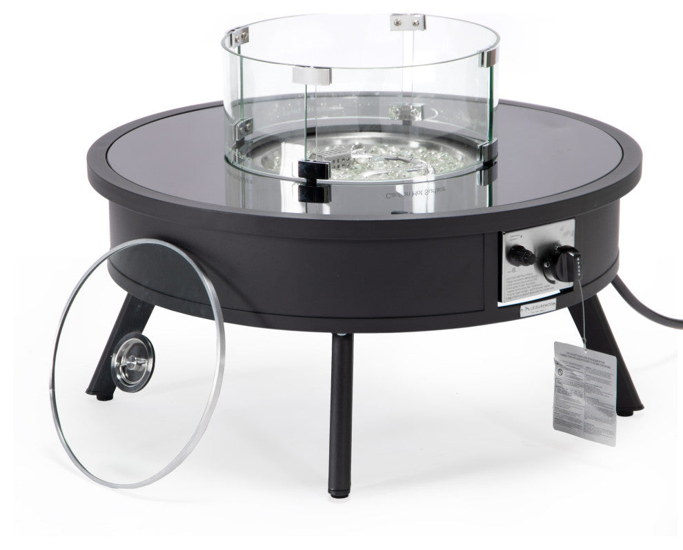LeisureMod Walbrooke Round Fire Pit Table and Tank Holder, Black