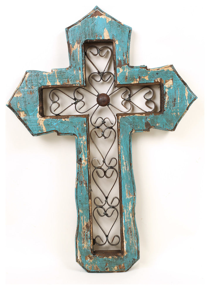 San Antonio Wall Cross-Handmade-Solid Wood-Hand Painted, Turquoise