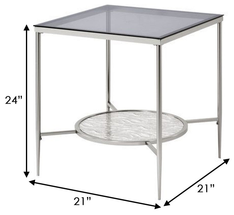 Benzara BM262119 End Table With Textured Round Shelf, Silver