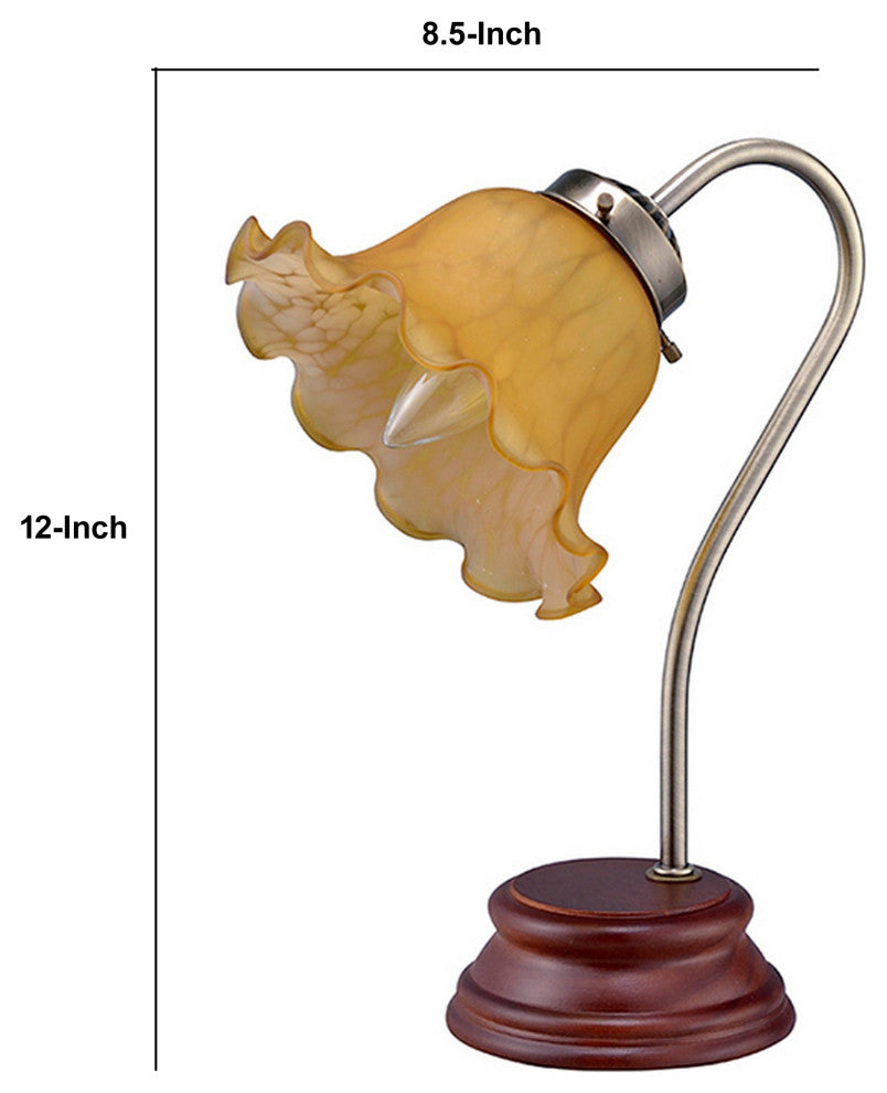 Benzara BM240310 Table Lamp With Gooseneck and Floral Shade, Brown and Yellow