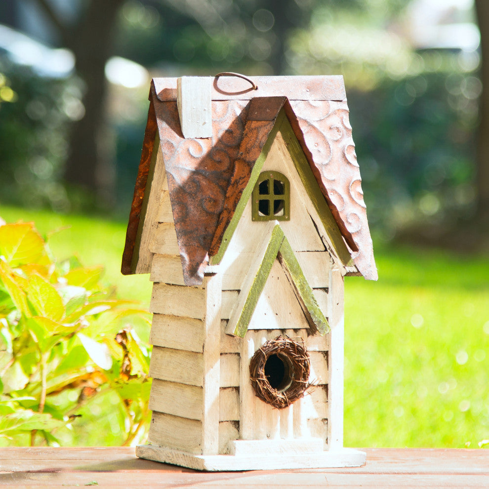 12"H Washed White Distressed Solid Wood Cottage Birdhouse