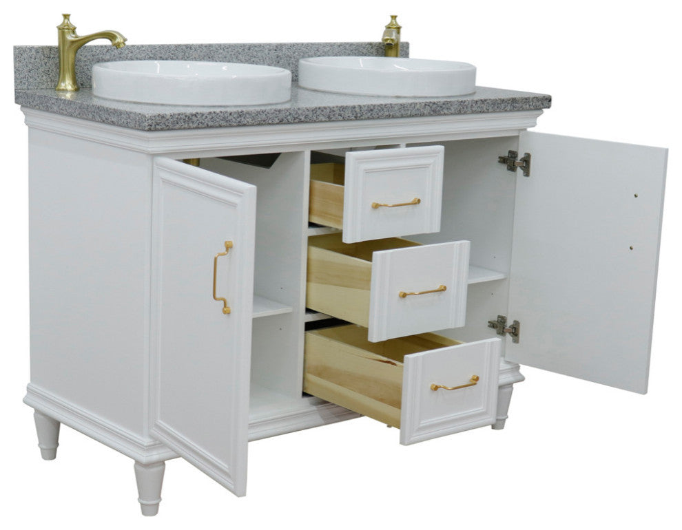 49" Double Vanity, White Finish With Gray Granite And Round Sink