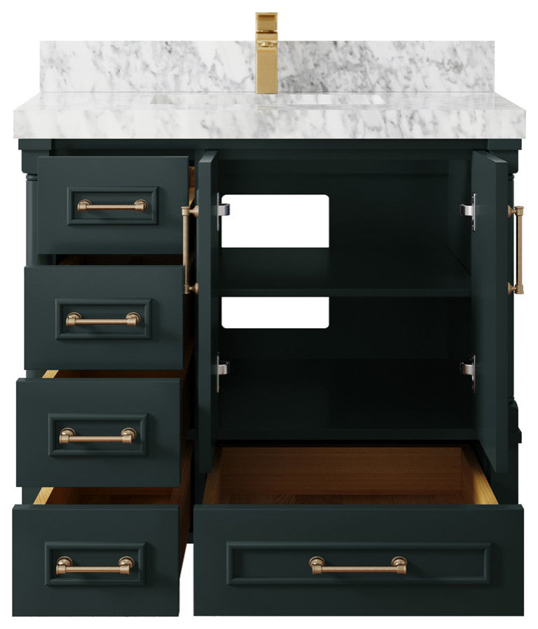Aberdeen 36 Center Sink Bath Vanity in Dark Forest Green 2" Carrara Marble