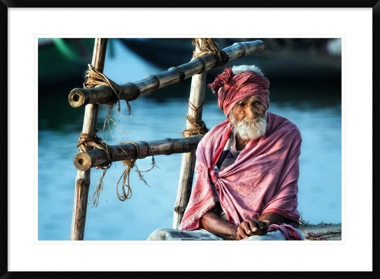 "The Old Man And The Ganges" Framed Digital Print by Piet Flour, 38"x28"