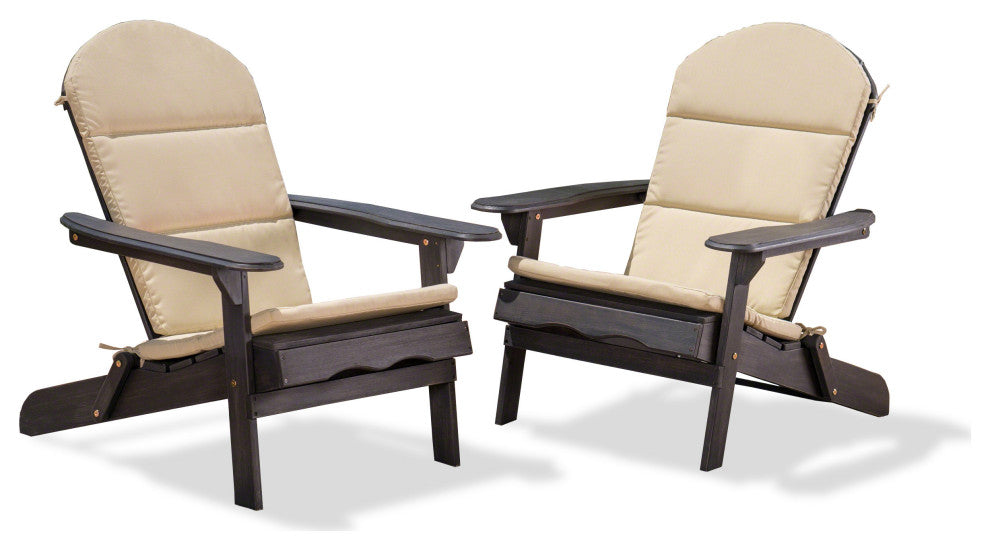 Outdoor Acacia Wood Folding Adirondack Chairs, Cushions, Set of 2, Dark Gray/Khaki