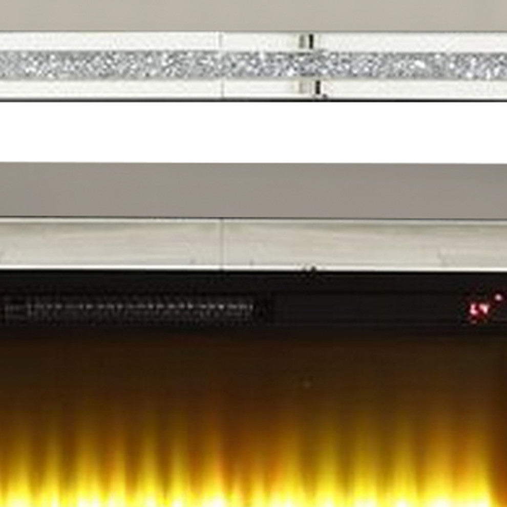 Benzara BM262195 Mirrored TV Stand With LED Fireplace and Remote, Silver