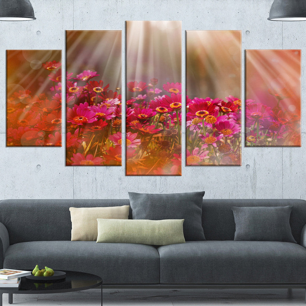 Sunlight Over Small Red Flowers, Large Floral Canvas Artwork, 60"x32", 5 Panels