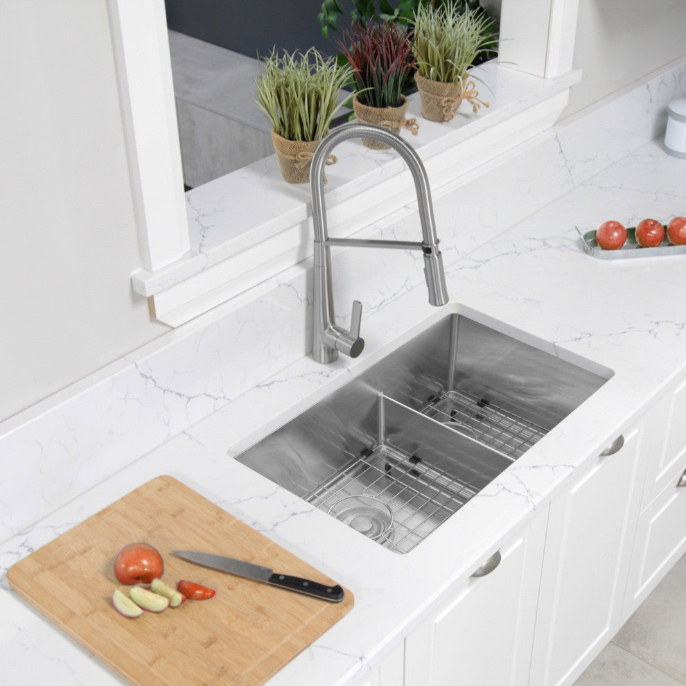 STYLISH 32" x 18" Stainless Steel Low Divider Undermount Kitchen Sink