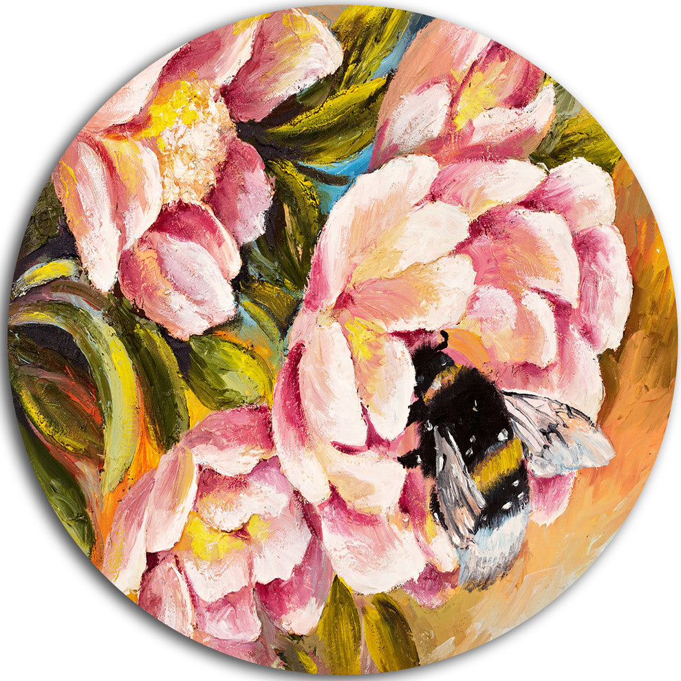 Bee Sitting On Flower, Floral Round Metal Wall Art, 38"