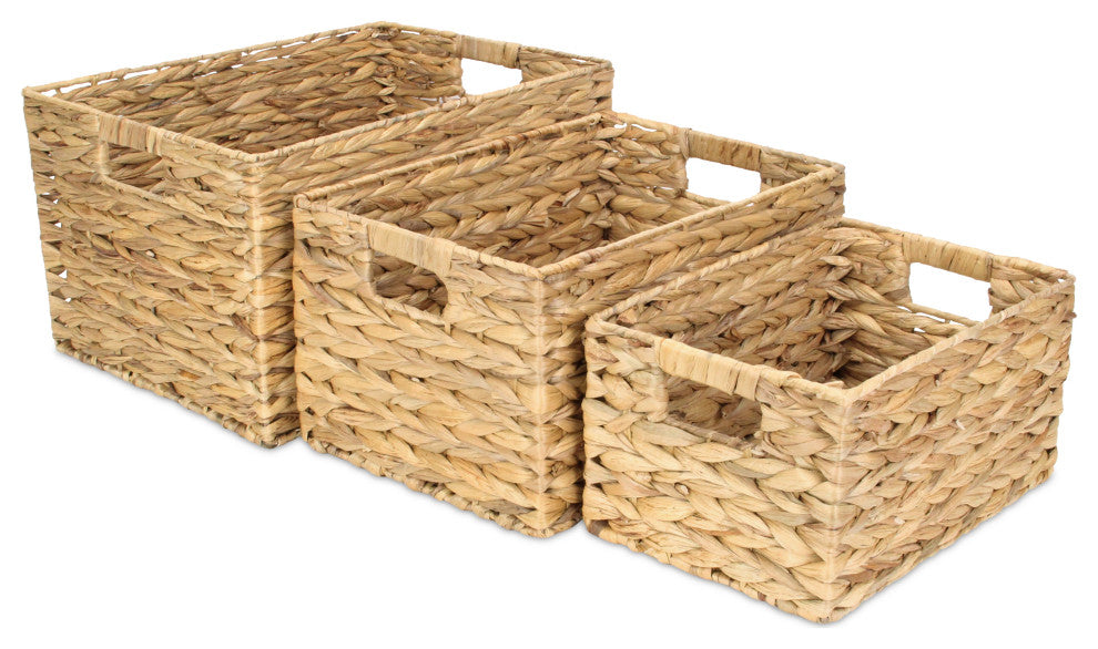 3-Piece Rectangular Water Hyacinth Basket With Round Edge