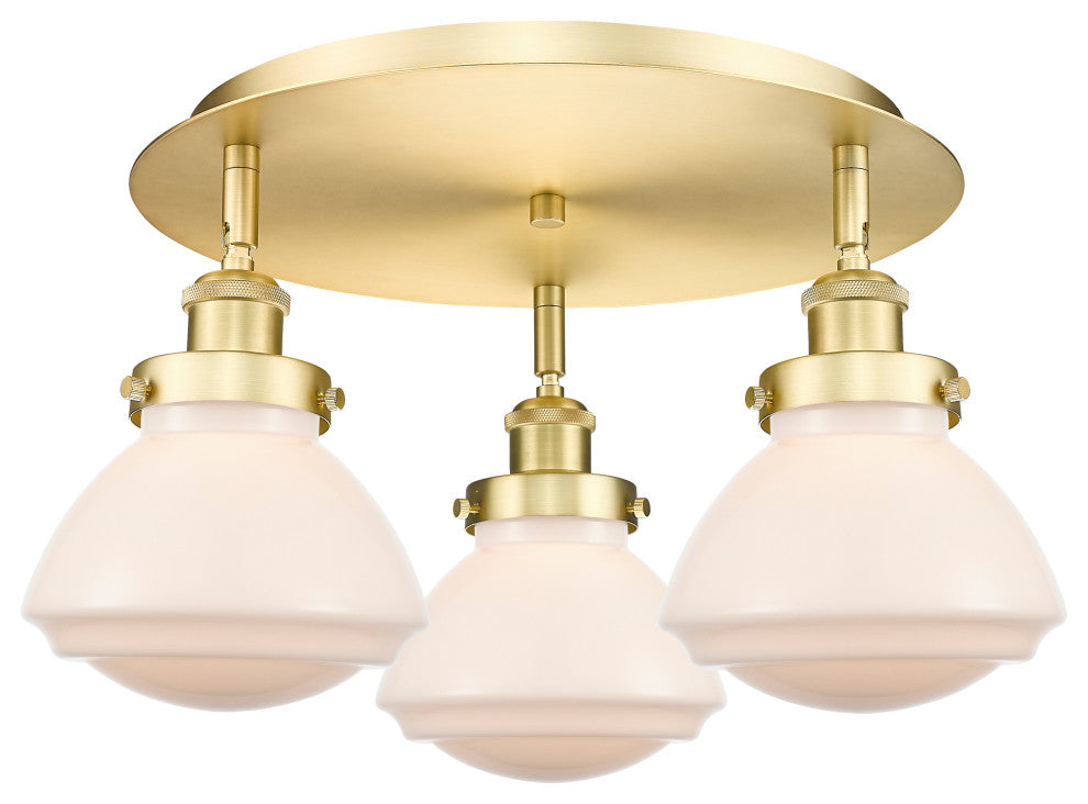 Olean-3 Light 18" Flush Mount-Satin Gold, Matte White Glass Shade