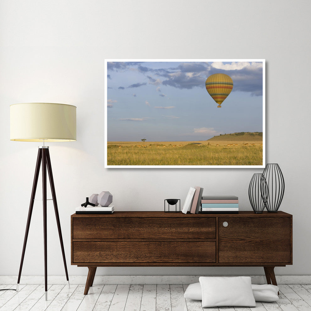 "Hot air balloon flying over herd, Masai Mara Triangle" Paper Art, 62"x42"