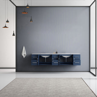 Geneva 84 Navy Blue DB Vanity, White Carrara Marble Top, Square Sinks, no Mirror