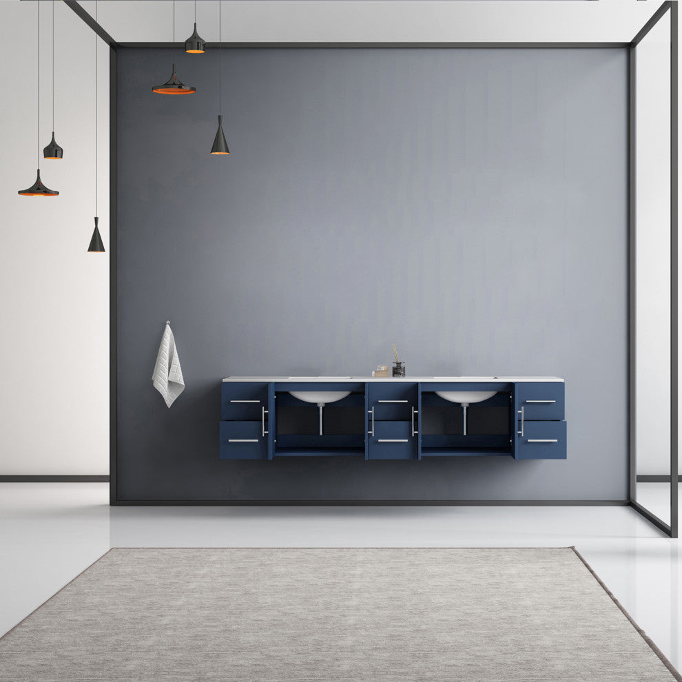 Geneva 84 Navy Blue DB Vanity, White Carrara Marble Top, Square Sinks, no Mirror