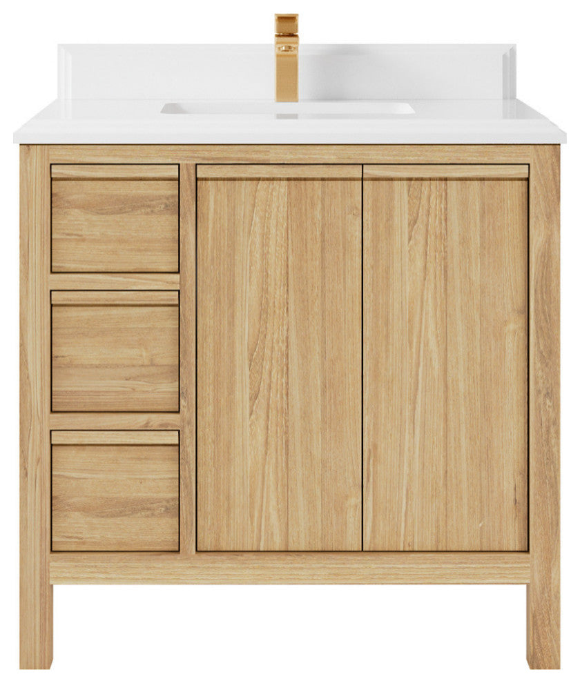 Elizabeth 36 Center Sink Bath Vanity in Light Natural Teak 1.5" White Quartz