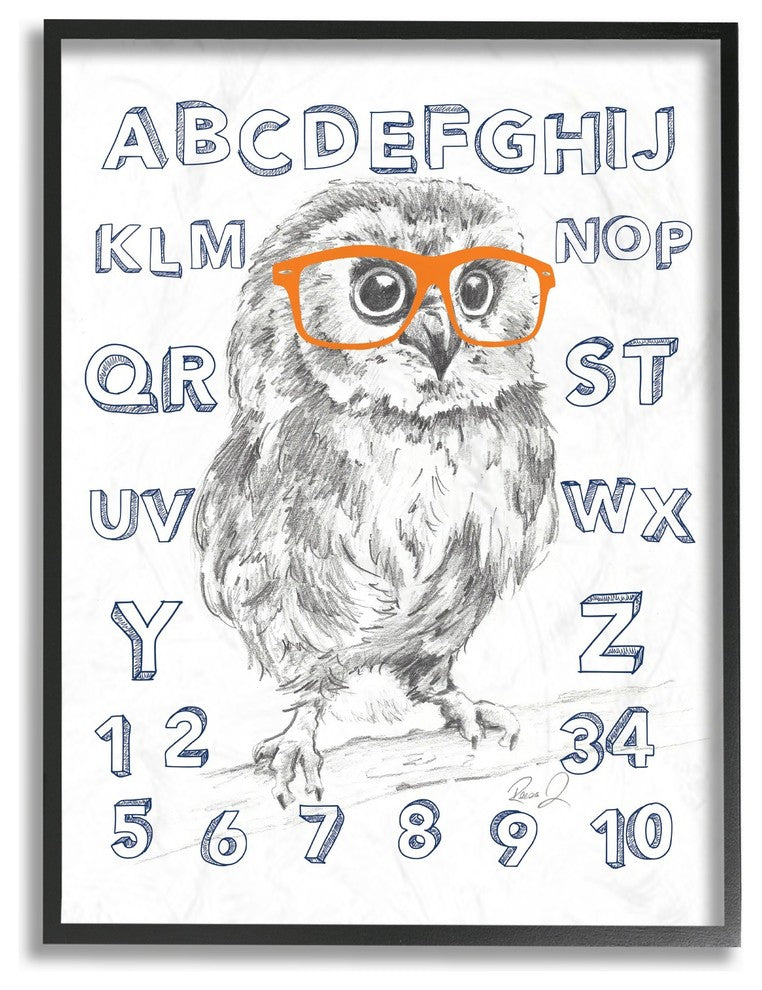 The Kids Room Sketch Alphabet Studious Owl Drawing Framed Giclee Art, 11"x14"