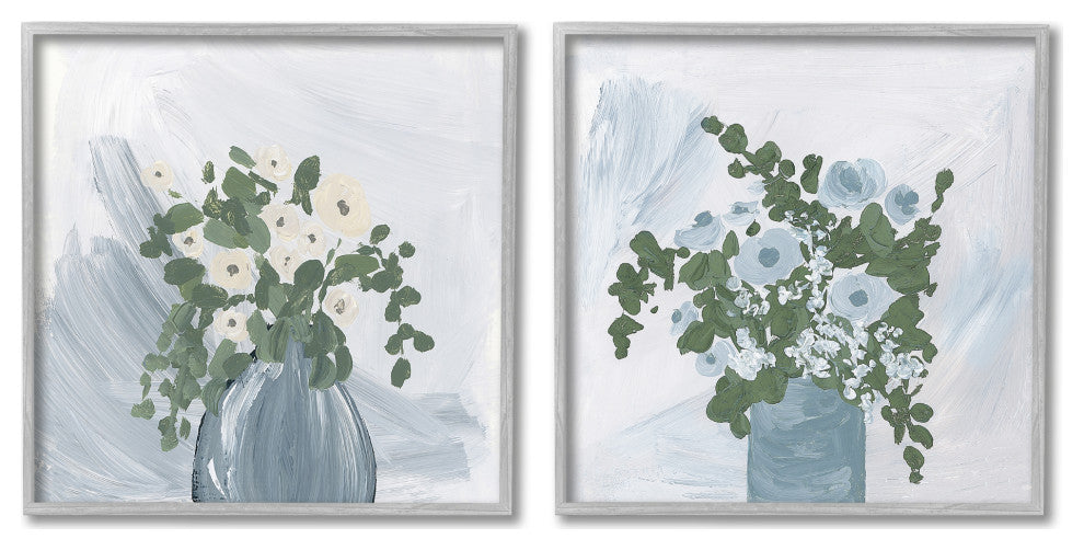 Painterly Blue Daises Flowers Plants Vase Abstract Florals, 2pc, each 12 x 12