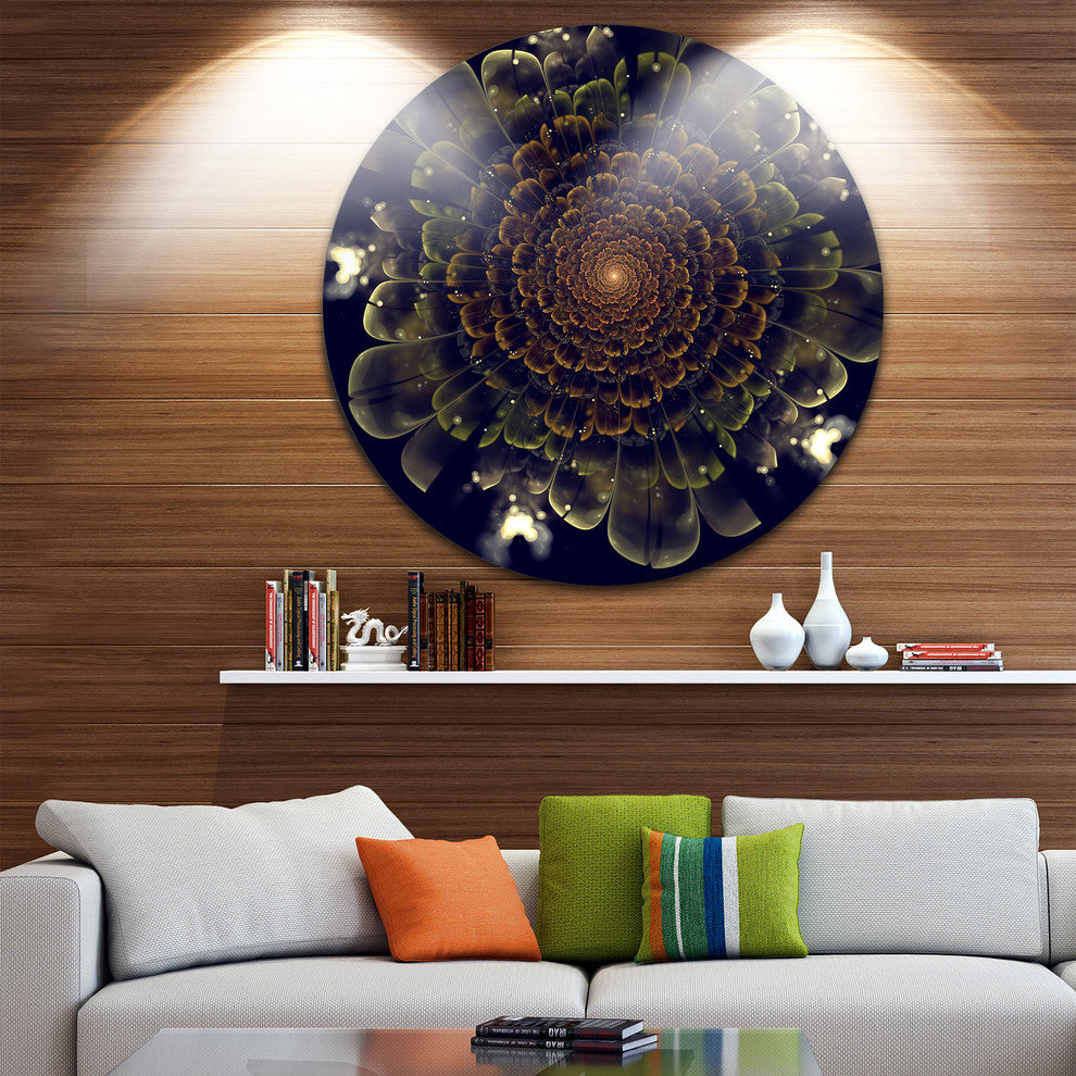 Orange Fractal Flower With Green, Digital Art Disc Metal Wall Art, 11"