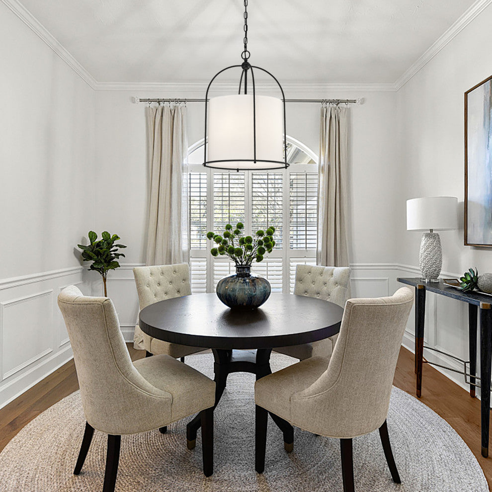 3-Light Matte Black Finish 18 in. Cage Chandelier With White Fabric Shade