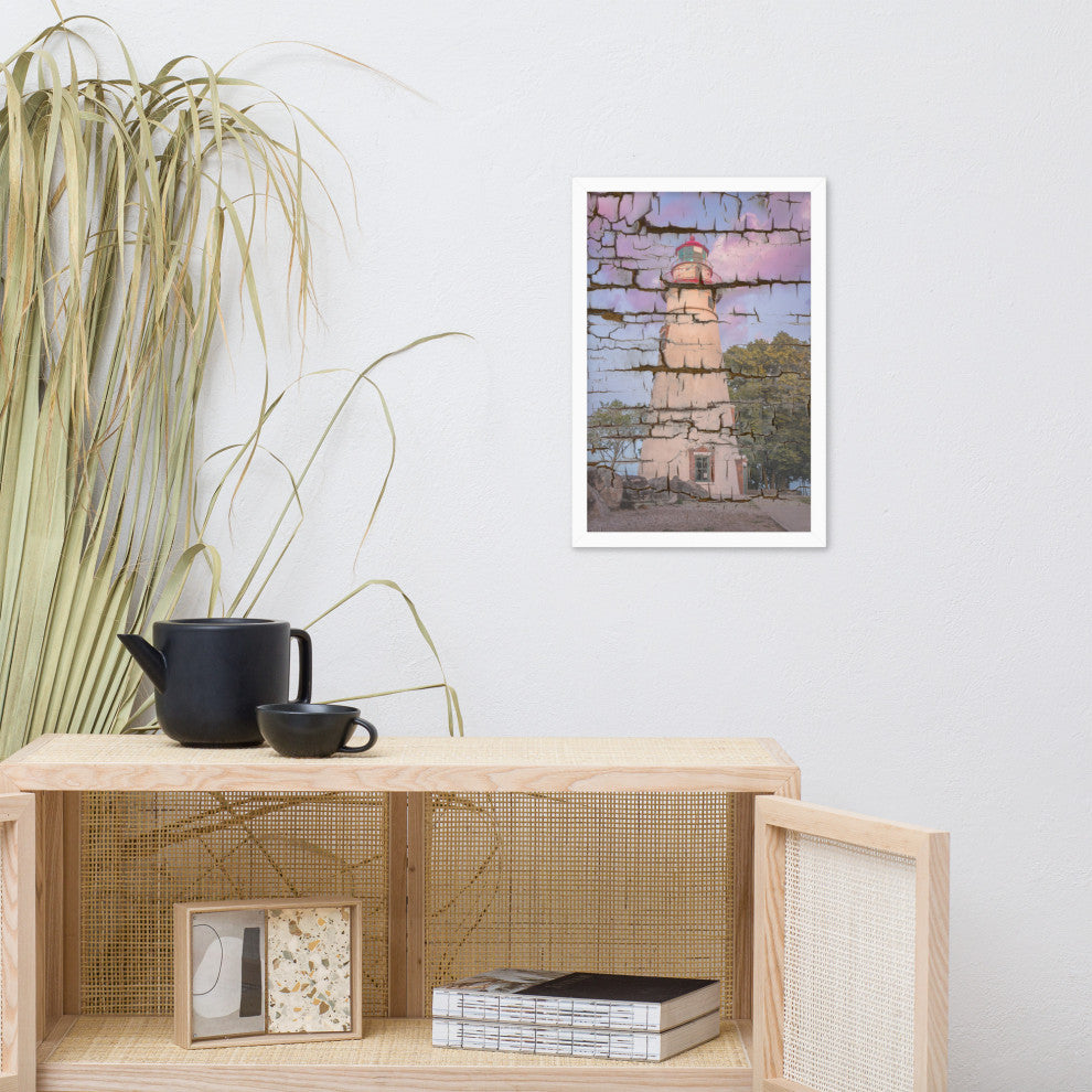 Faux Wood Texture Marblehead Lighthouse at Sunset Framed Photo Wall Art Print, White, 12" X 18"