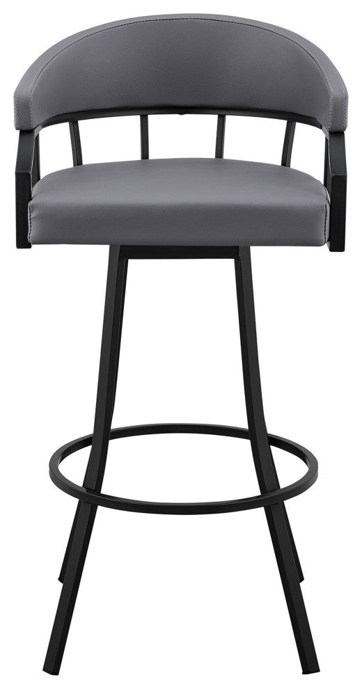 Benzara BM281951 30" Bar Stool, Swivel Chair, Faux Leather Cushion, Gray, Black