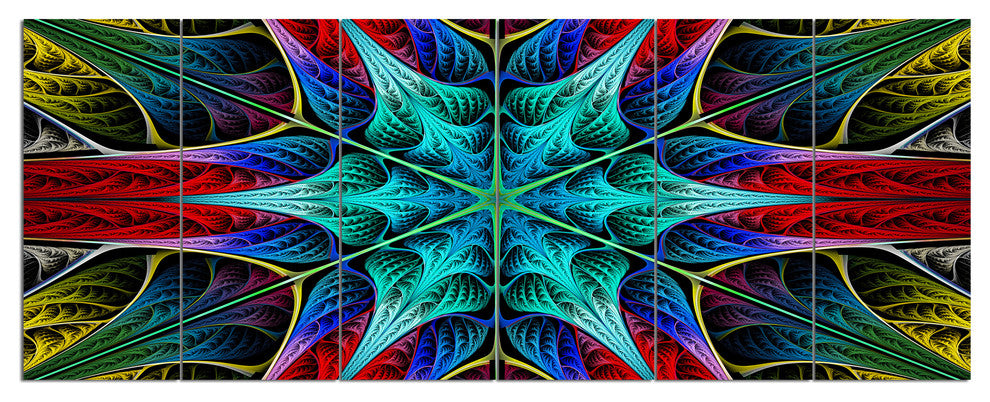Glowing Fractal Flower Layers, Abstract Canvas Art Print, 70"x28", 6 Panels