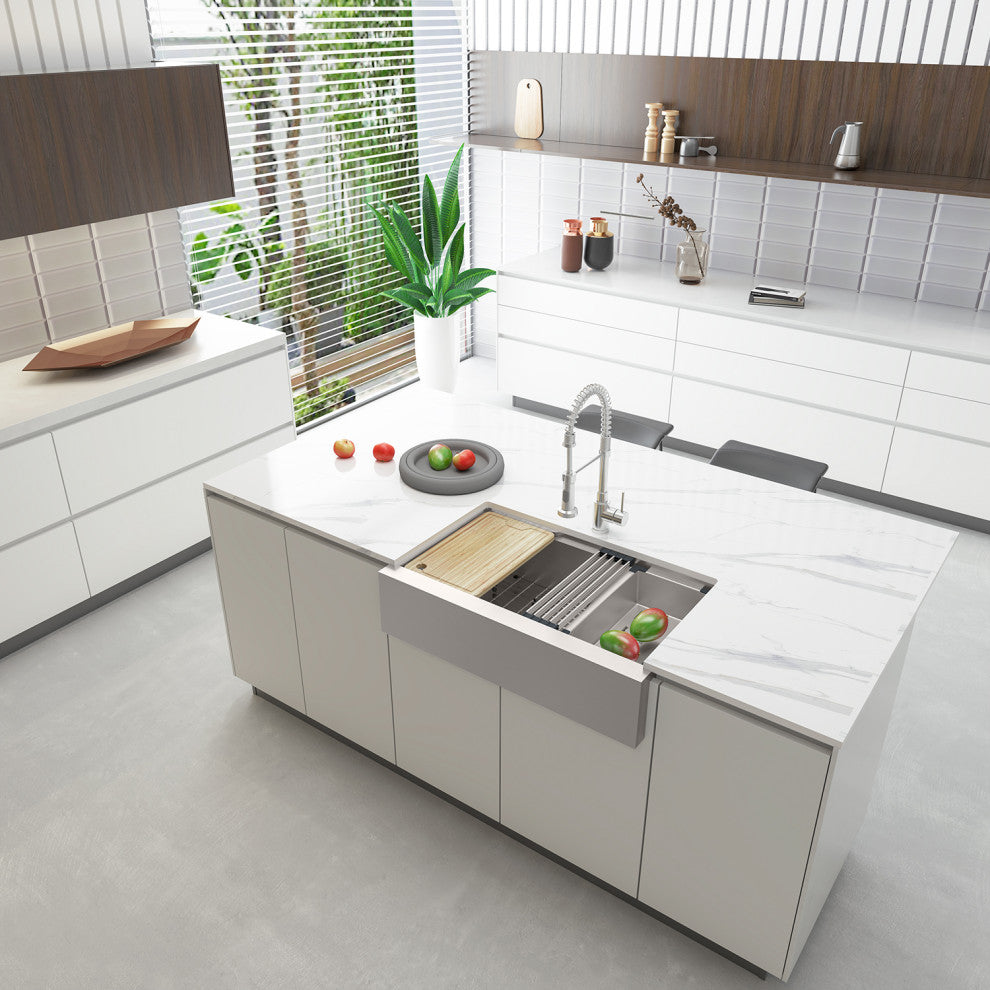Sinber Single Bowl Kitchen Sink with 304 Stainless Steel Satin Finish, 33"x20" Workstation, Apron/Farmhouse
