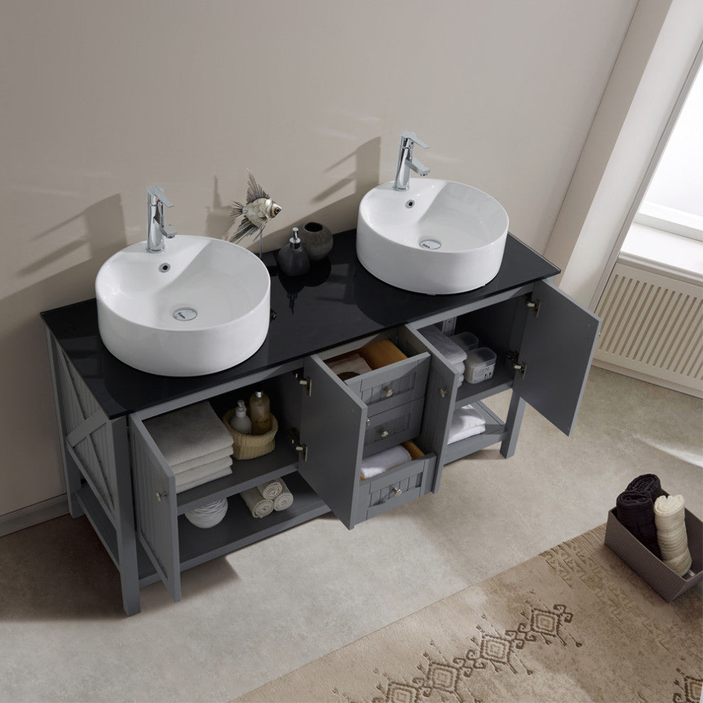 Modena 60" Double Vanity With Glass Countertop With White Vessel Sink No Mirror